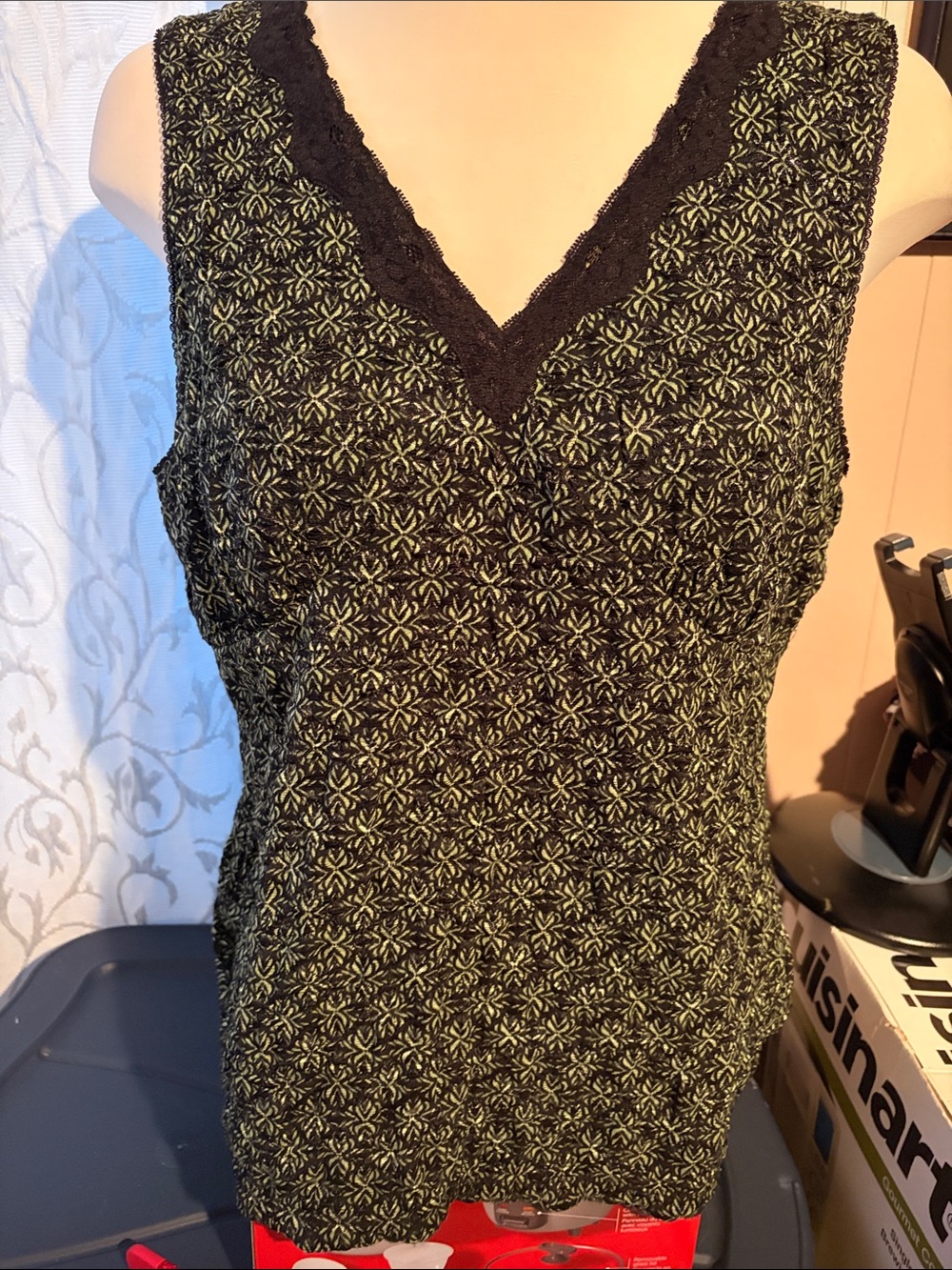 Style & Co. Black and Olive V-Neck Lace Trim Tank